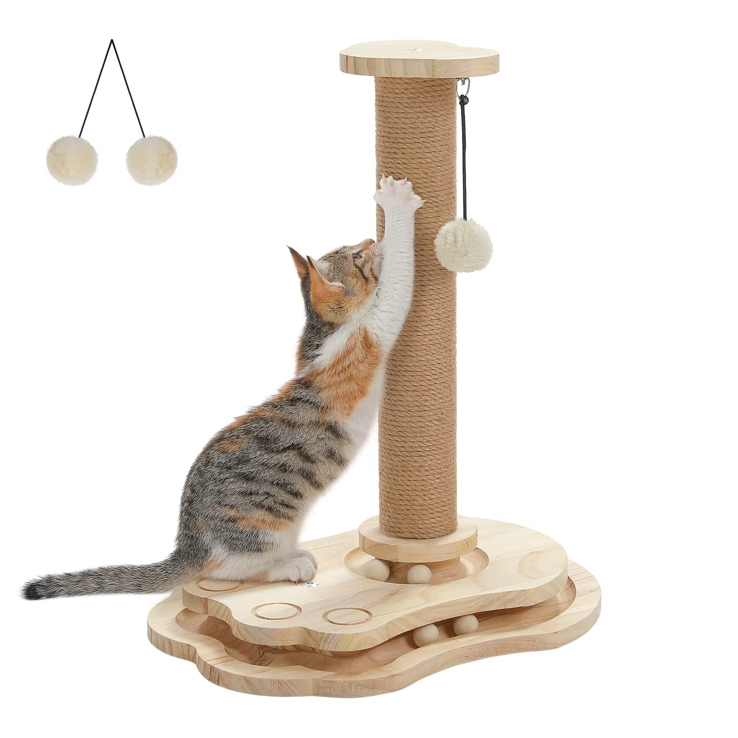Wooden Cat Scratching Post with Rolling Ball Track Hanging Ball Small Cat Furniture with Natural Sisal Rope Interactive Cat Toy
