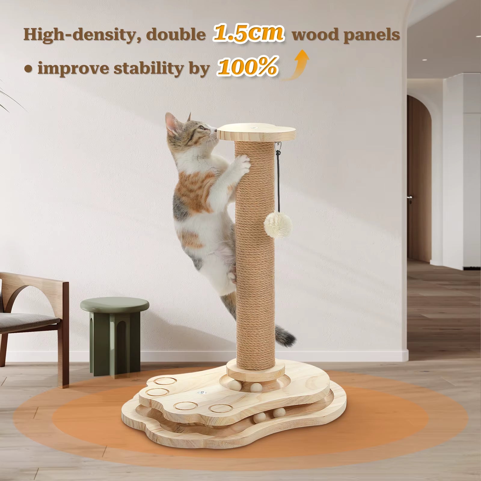 Wooden Cat Scratching Post with Rolling Ball Track Hanging Ball Small Cat Furniture with Natural Sisal Rope Interactive Cat Toy