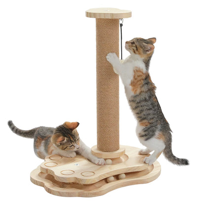 Wooden Cat Scratching Post with Rolling Ball Track Hanging Ball Small Cat Furniture with Natural Sisal Rope Interactive Cat Toy