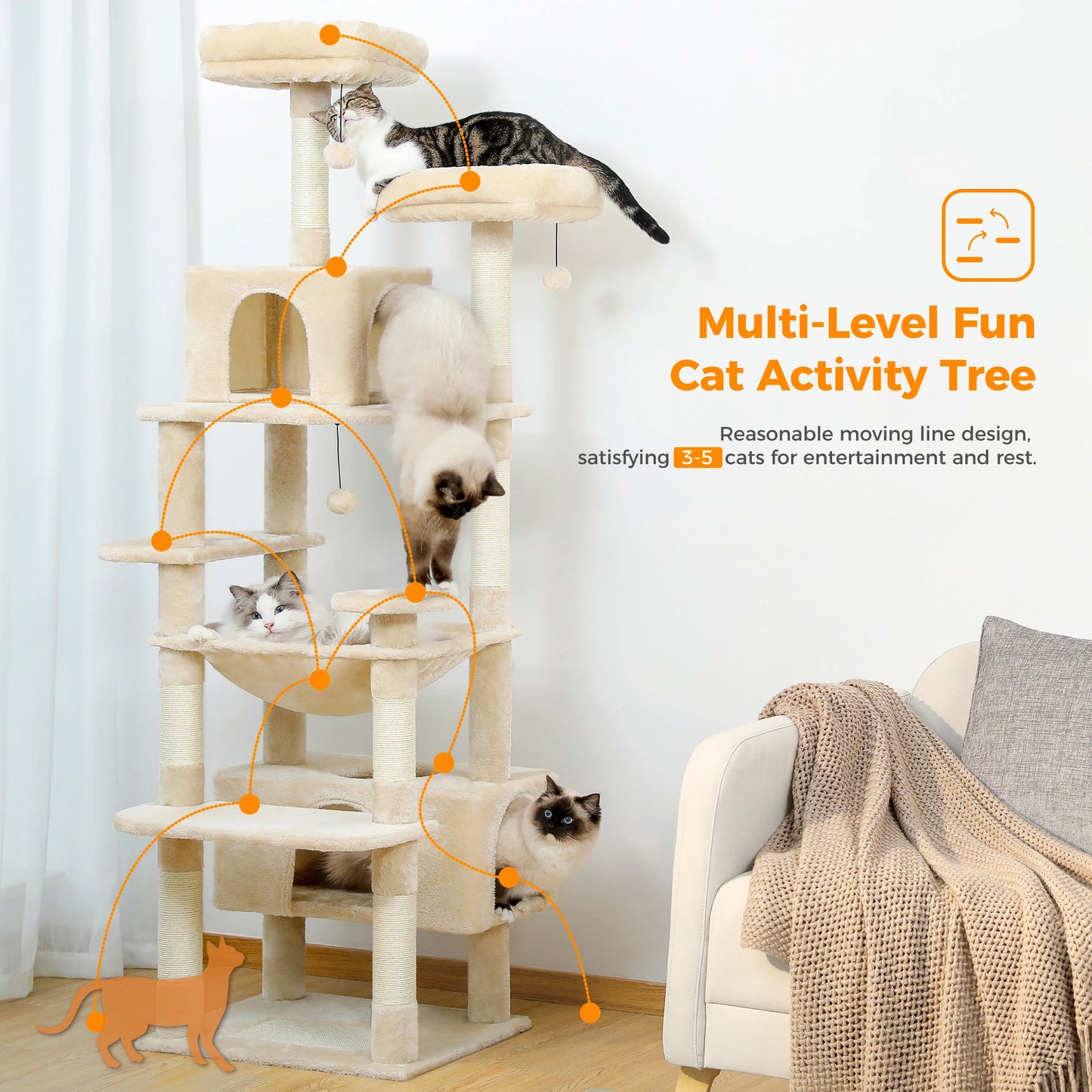 Large Cat Tree and Tower for Indoor Cats with Sisal-Covered Scratching Posts Spacious Hammock Padded Perches and Condos Cat Toys