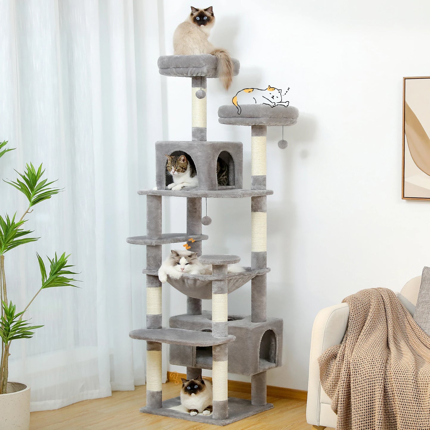Large Cat Tree and Tower for Indoor Cats with Sisal-Covered Scratching Posts Spacious Hammock Padded Perches and Condos Cat Toys