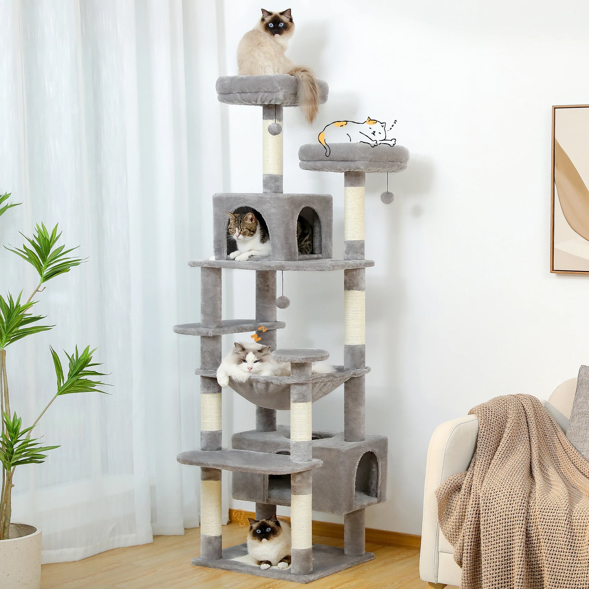 Large Cat Tree and Tower for Indoor Cats with Sisal-Covered Scratching Posts Spacious Hammock Padded Perches and Condos Cat Toys