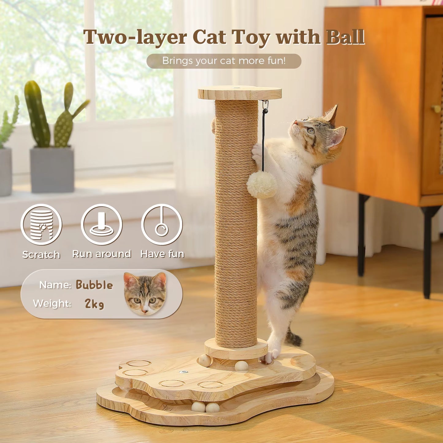 Wooden Cat Scratching Post with Rolling Ball Track Hanging Ball Small Cat Furniture with Natural Sisal Rope Interactive Cat Toy